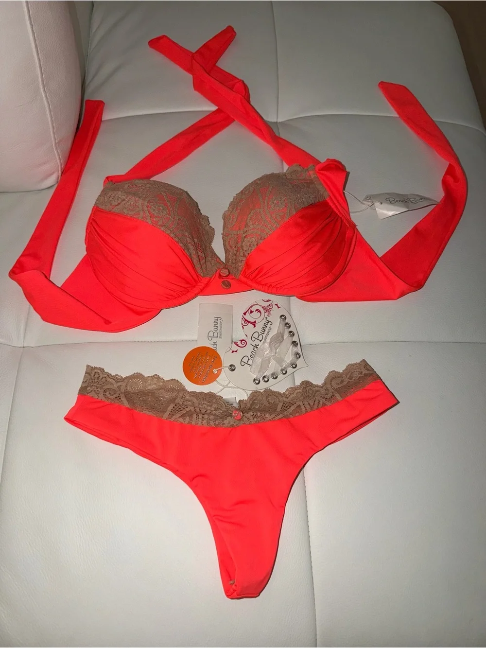 Beach Bunny Love Potion Coral Lace Bikini Set - XL TOP/ S BOTTOM
